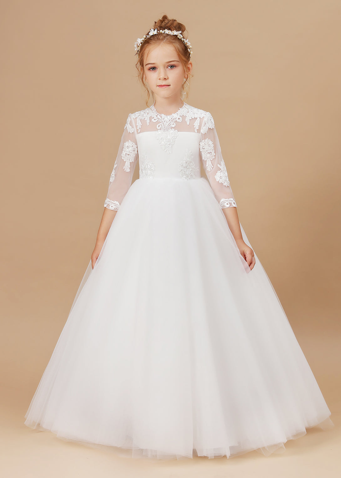 Ball Gown 3/4 Sleeve Scoop Neck Floor-Length Lace/Tulle Flower Girl Dresses/First Communion Dress With Appliques Girls Gidiondress