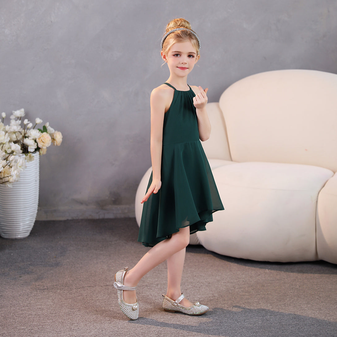 Girls Birthday Dresses Halter Spaghetti Straps Chiffon Asymmetrical Knee-Length Junior Bridesmaid Dress/Party Dresses With Pleated Girls Gidiondress