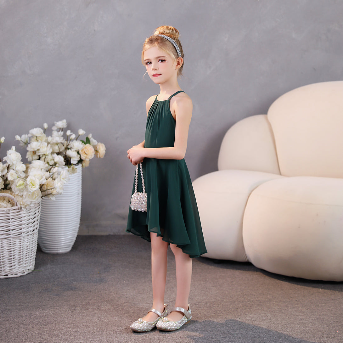 Girls Birthday Dresses Halter Spaghetti Straps Chiffon Asymmetrical Knee-Length Junior Bridesmaid Dress/Party Dresses With Pleated Girls Gidiondress