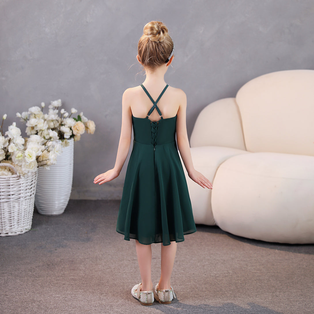 Girls Birthday Dresses Halter Spaghetti Straps Chiffon Asymmetrical Knee-Length Junior Bridesmaid Dress/Party Dresses With Pleated Girls Gidiondress