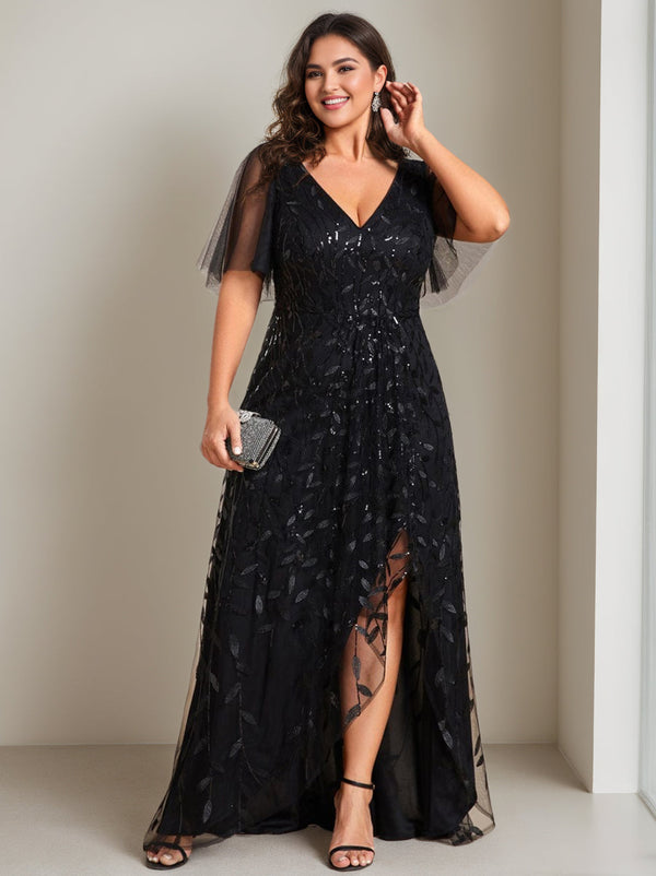 A-Line/Princess V-Neck Short Sleeves Asymmetrical Plus Size Mother Of The Bride Dresses With Sequins BabaMila