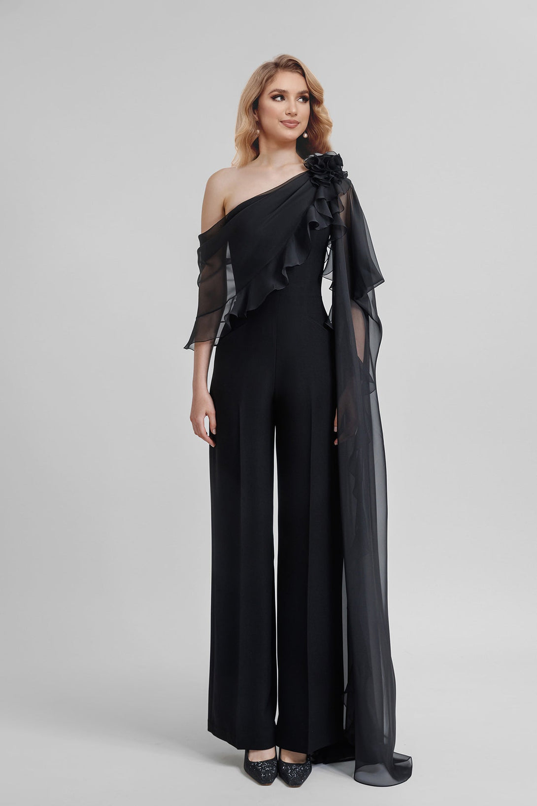 Jumpsuits One-Shoulder Half Sleeves Chiffon Mother Of The Bride Pantsuits BabaMila