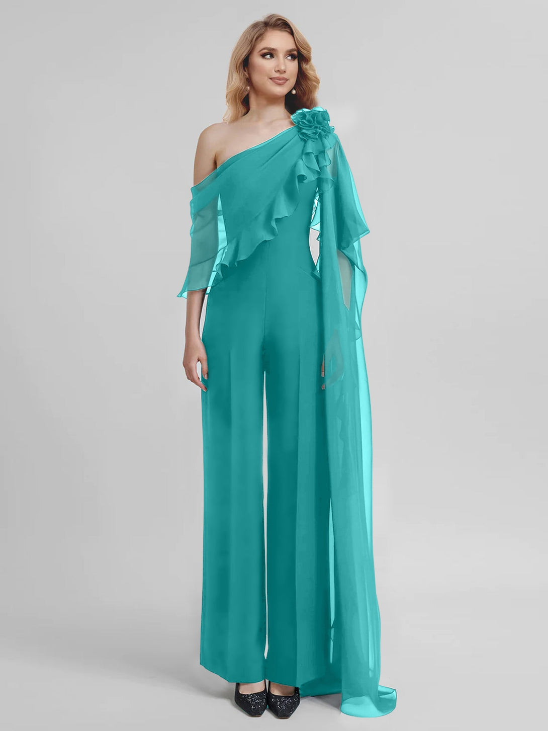 Jumpsuits One-Shoulder Half Sleeves Chiffon Mother Of The Bride Pantsuits BabaMila