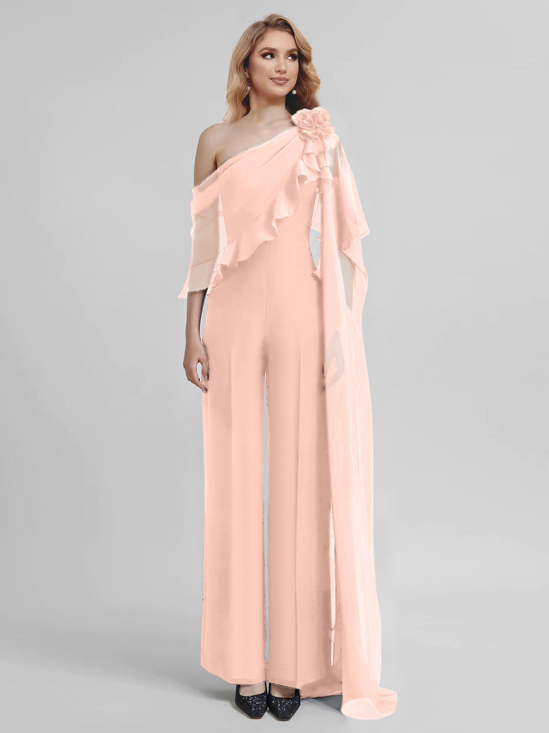 Jumpsuits One-Shoulder Half Sleeves Chiffon Mother Of The Bride Pantsuits BabaMila