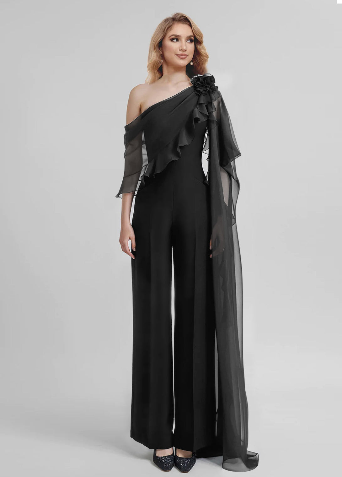 Jumpsuits One-Shoulder Half Sleeves Chiffon Mother Of The Bride Pantsuits BabaMila