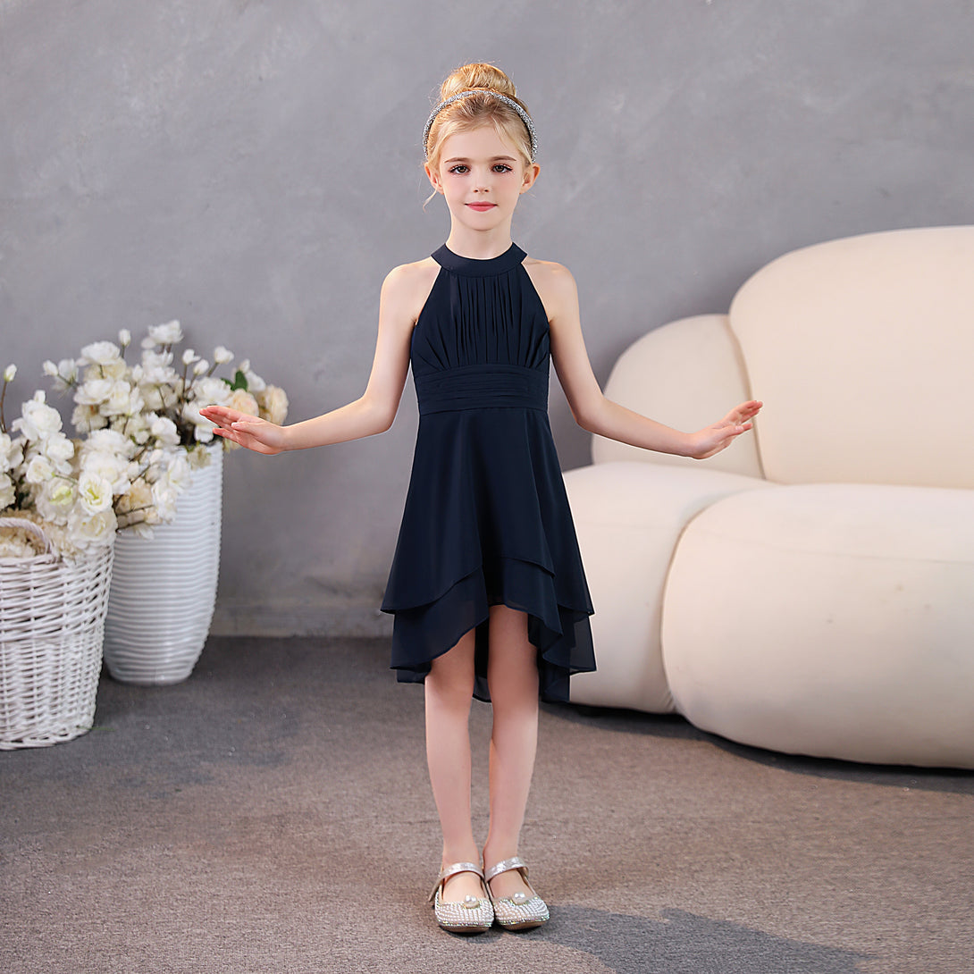 Girls Birthday Dresses Halter Sleeveless Chiffon Asymmetrical Knee-Length Junior Bridesmaid Dress/Party Dresses With Pleated/Belt Girls Gidiondress