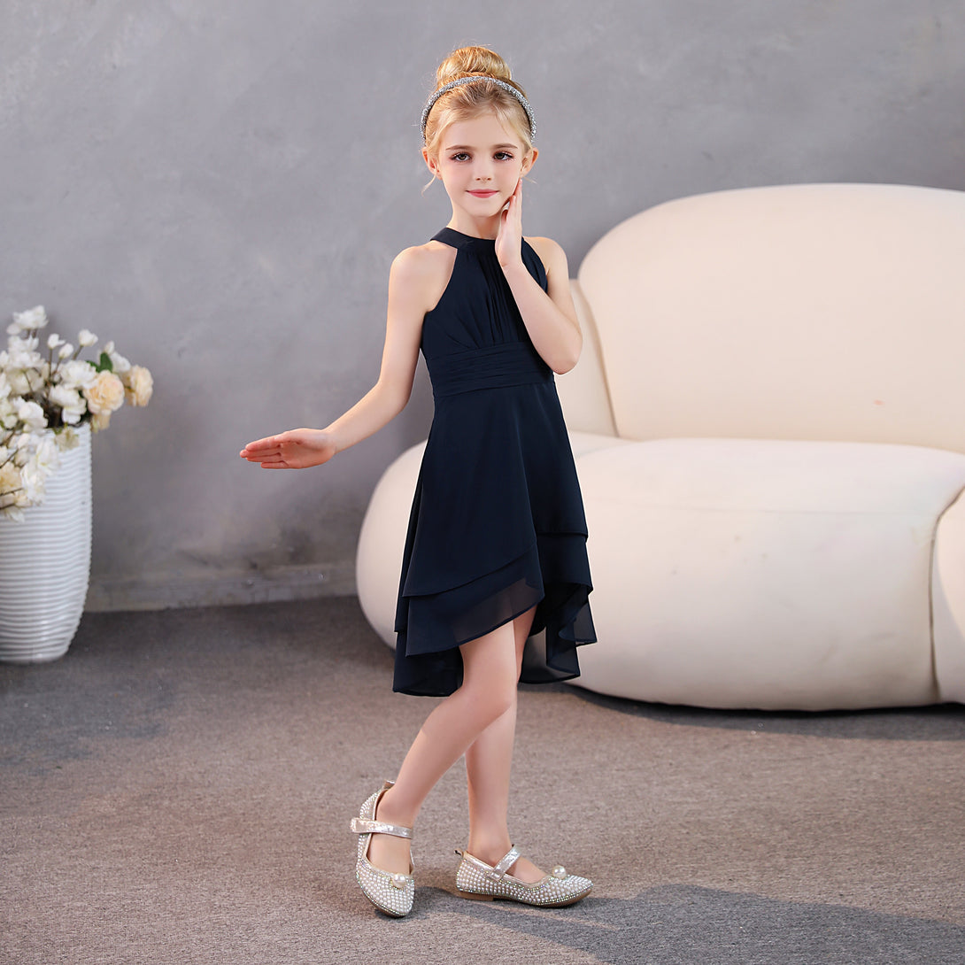 Girls Birthday Dresses Halter Sleeveless Chiffon Asymmetrical Knee-Length Junior Bridesmaid Dress/Party Dresses With Pleated/Belt Girls Gidiondress