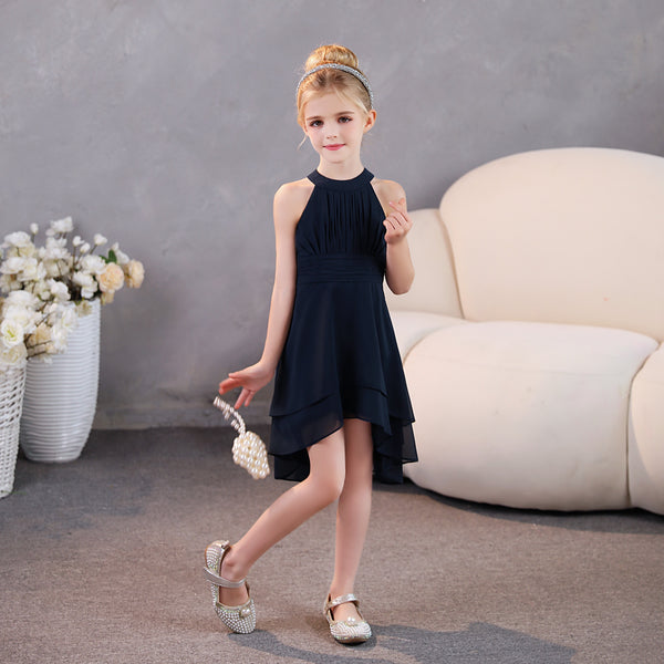 Girls Birthday Dresses Halter Sleeveless Chiffon Asymmetrical Knee-Length Junior Bridesmaid Dress/Party Dresses With Pleated/Belt Girls Gidiondress as picture 12M