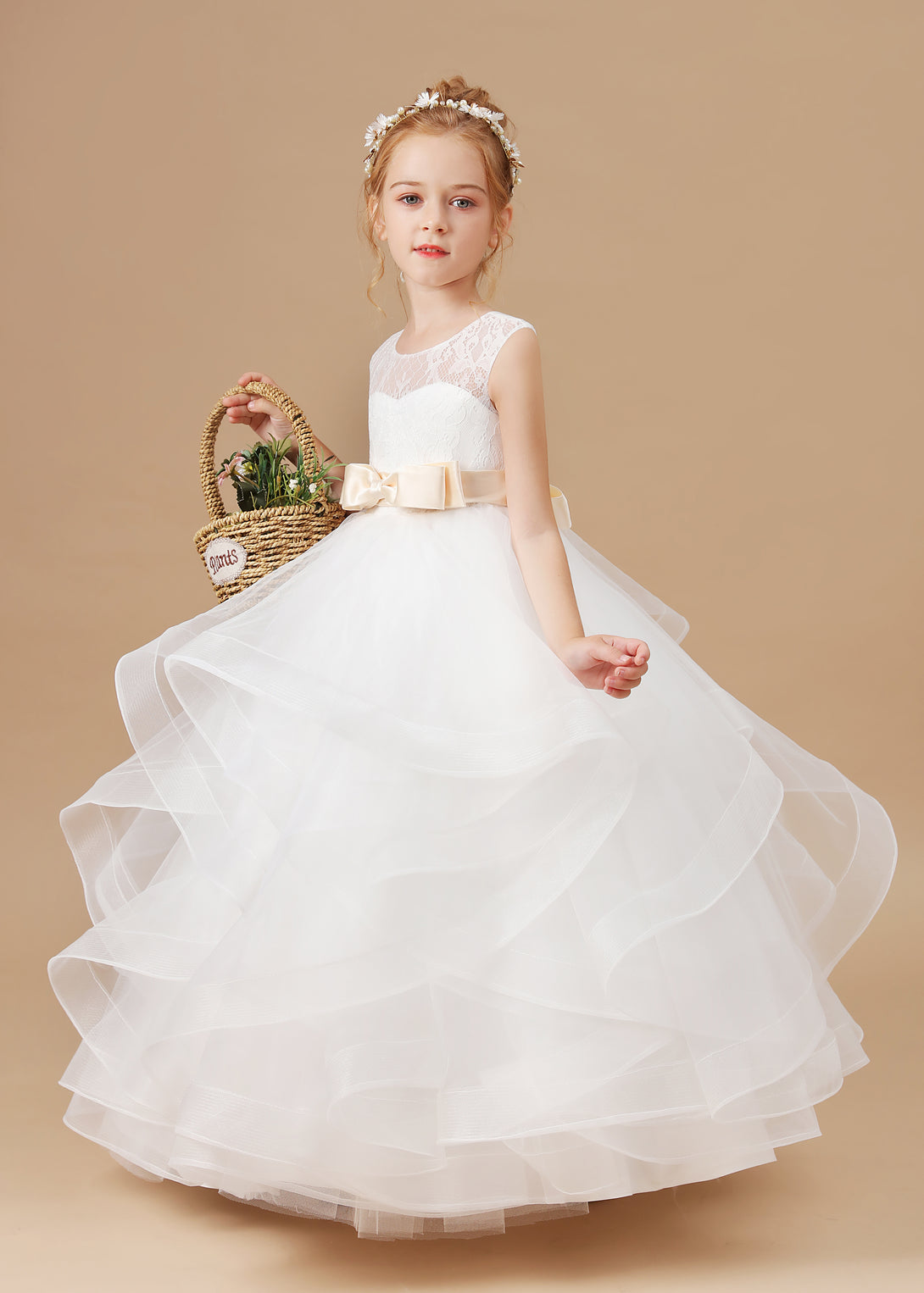 Ball Gown Sleeveless Scoop Neck Floor-Length Satin/Lace/Tulle Flower Girl Dresses/First Communion Dress With Bow/Belt Girls Gidiondress