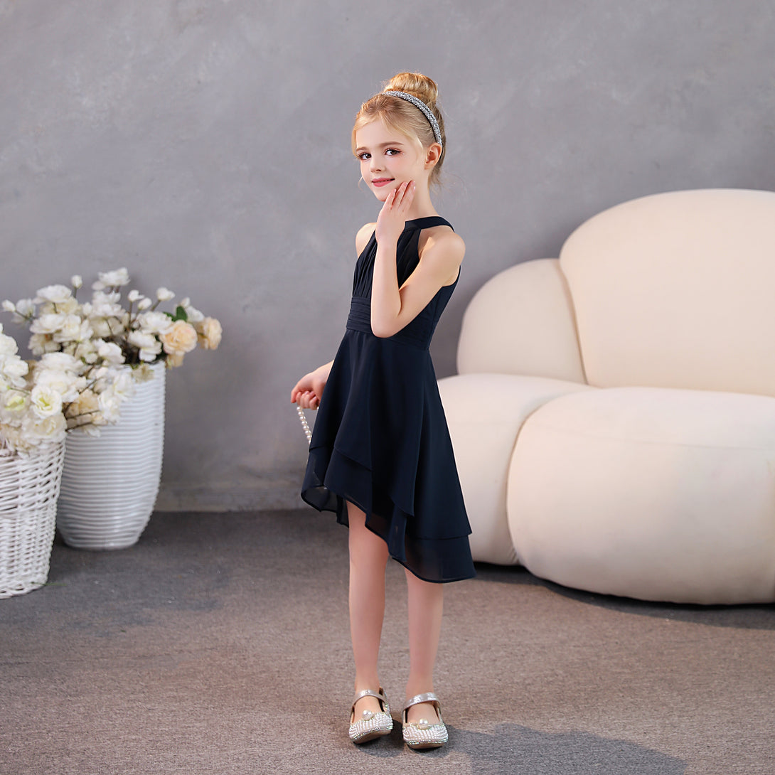 Girls Birthday Dresses Halter Sleeveless Chiffon Asymmetrical Knee-Length Junior Bridesmaid Dress/Party Dresses With Pleated/Belt Girls Gidiondress