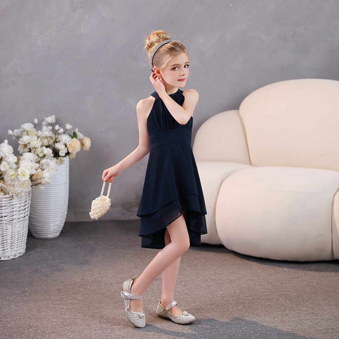 Girls Birthday Dresses Halter Sleeveless Chiffon Asymmetrical Knee-Length Junior Bridesmaid Dress/Party Dresses With Pleated/Belt Girls Gidiondress
