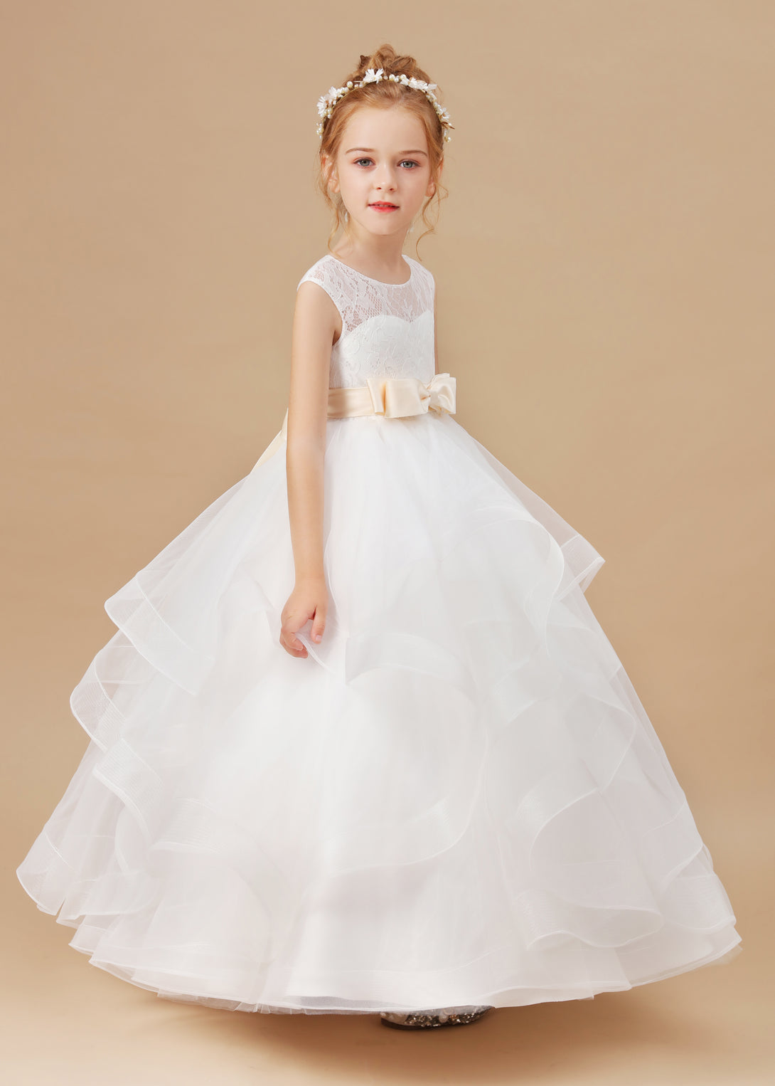 Ball Gown Sleeveless Scoop Neck Floor-Length Satin/Lace/Tulle Flower Girl Dresses/First Communion Dress With Bow/Belt Girls Gidiondress