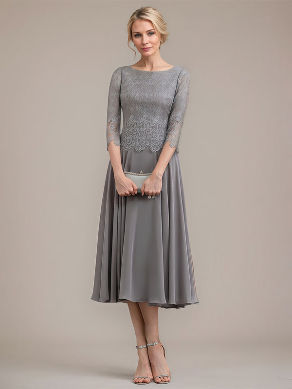 Boat Neck 3/4 Sleeve A-Line Tea-Length Lace/Chiffon Mother of the Bride Dress With Appliques BabaMila