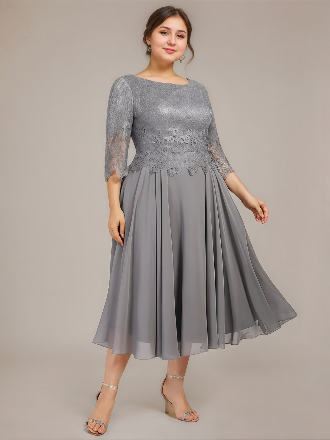 Boat Neck 3/4 Sleeve A-Line Tea-Length Lace/Chiffon Mother of the Bride Dress With Appliques BabaMila