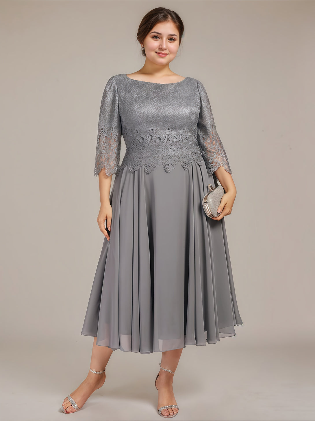 Boat Neck 3/4 Sleeve A-Line Tea-Length Lace/Chiffon Mother of the Bride Dress With Appliques BabaMila