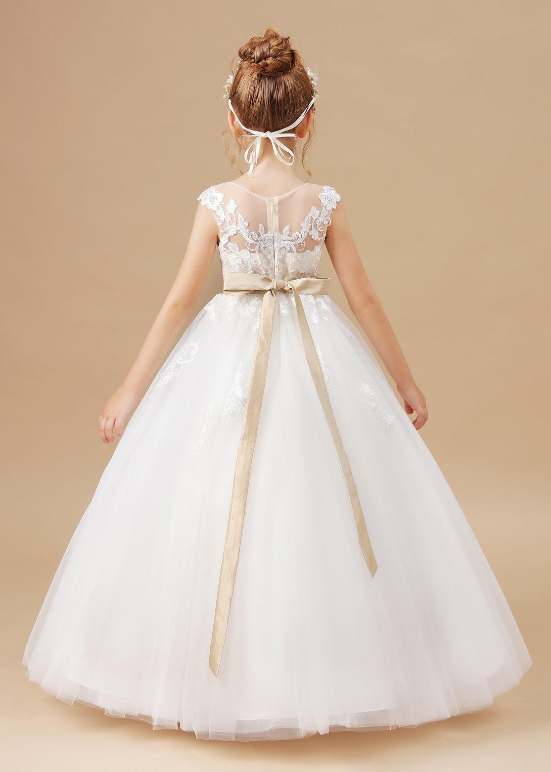 Ball Gown Sleeveless Scoop Neck Floor-Length Satin/Lace/Tulle Flower Girl Dresses With Beads Belt/Appliques Girls Gidiondress
