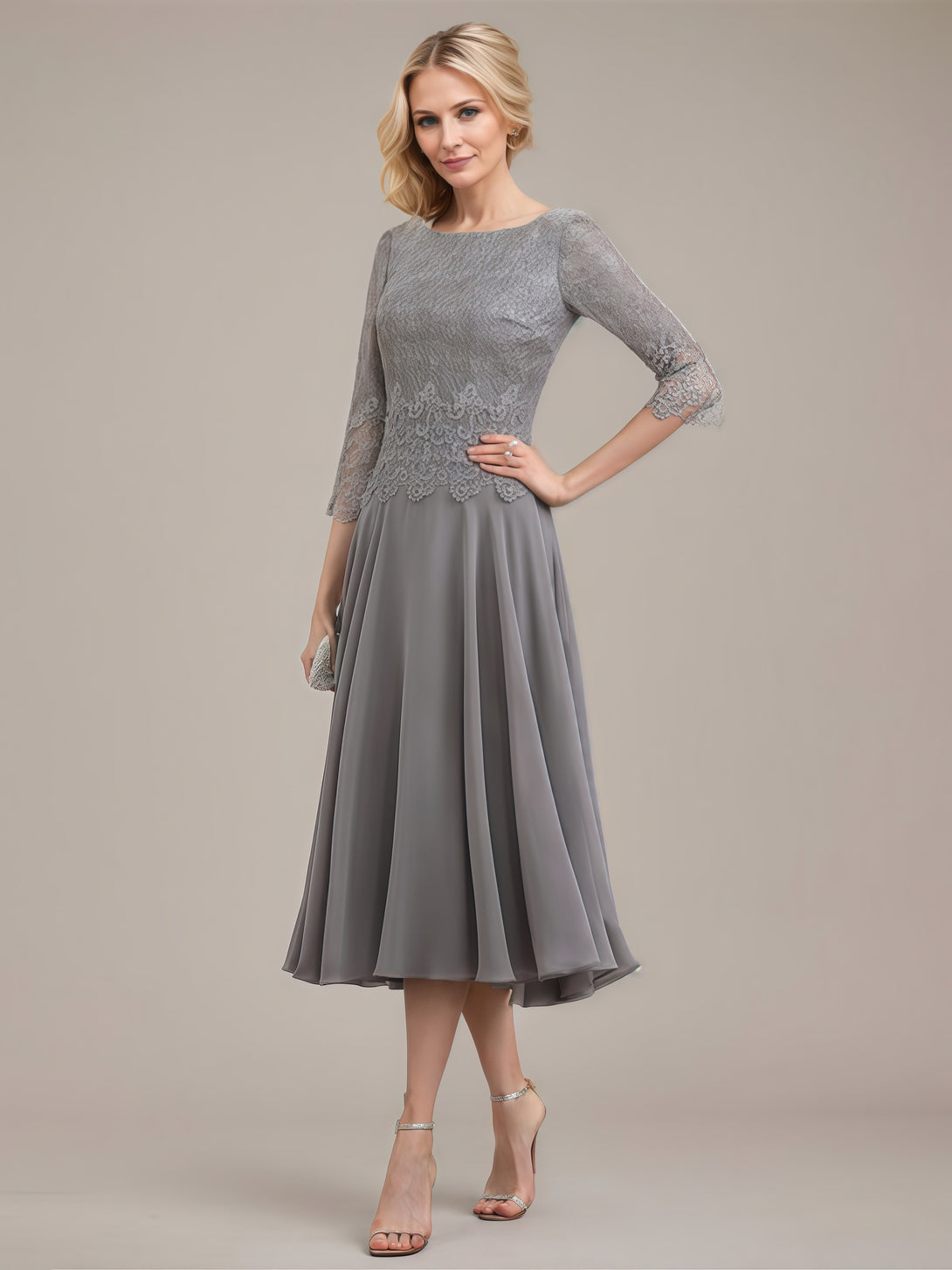 Boat Neck 3/4 Sleeve A-Line Tea-Length Lace/Chiffon Mother of the Bride Dress With Appliques BabaMila