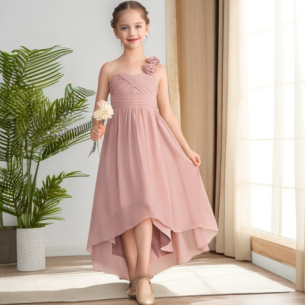 Girls Birthday Dresses Spaghetti Straps One-Shoulder Asymmetrical Chiffon Junior Bridesmaid Dress/Girls Birthday Dresses With 3D Flower/Pleated/Belt Girls BabaMila