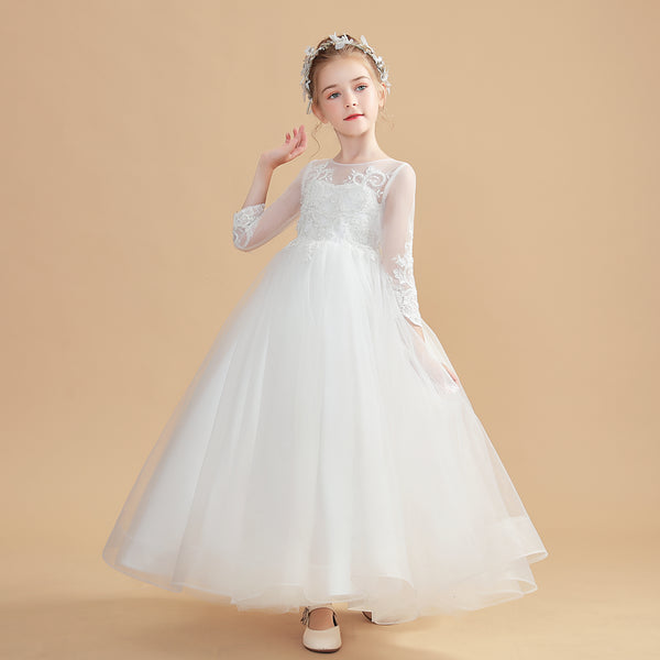 Princess 3/4 Sleeve Scoop Neck Floor-Length Tulle/Lace Flower Girl Dresses/First Communion Dress With Appliques Girls Gidiondress