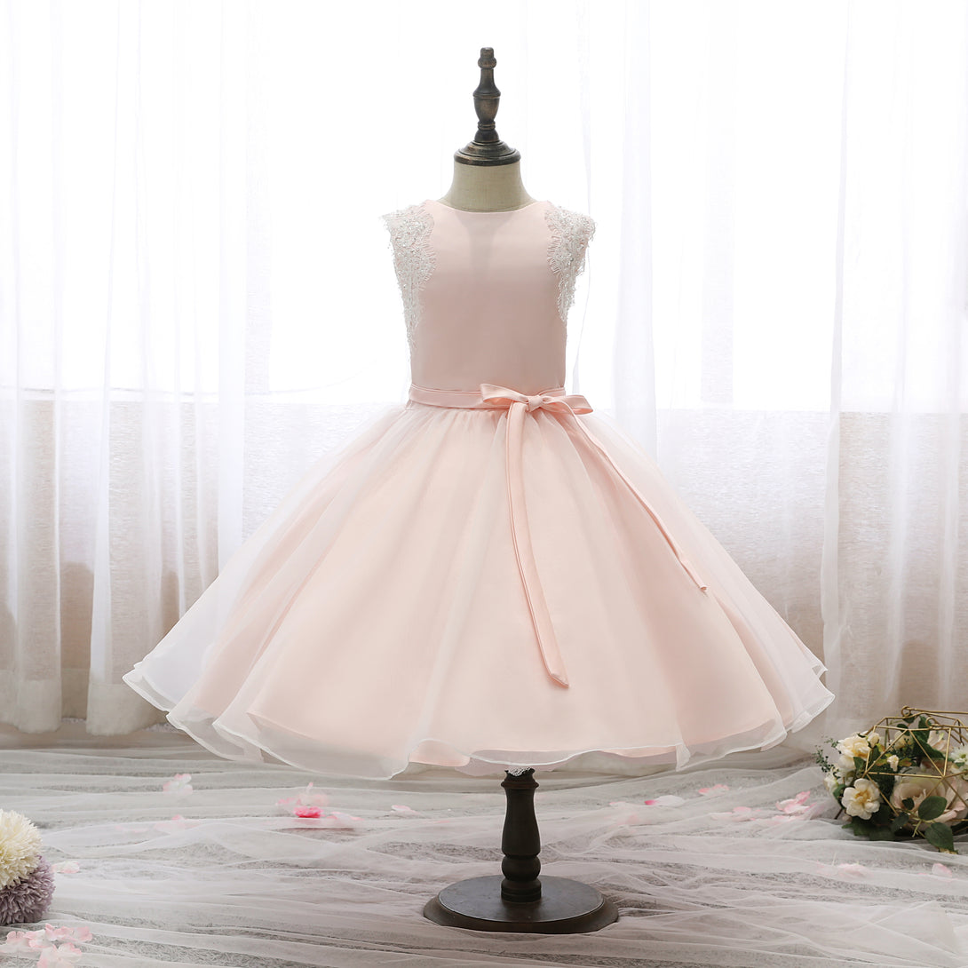 Boat Neck Sleeveless Knee-Length Lace/Satin/Tulle Girls Birthday Dresses With Appliques/Belt Girls Gidiondress