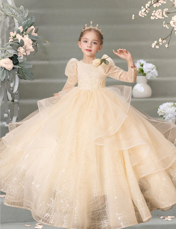 Princesss/Ball Gown Boat Neck Long Sleeve Floor-Length Tulle/Lace Holiday＆Christmas Dresses With Pleated/Beads Girls Gidiondress
