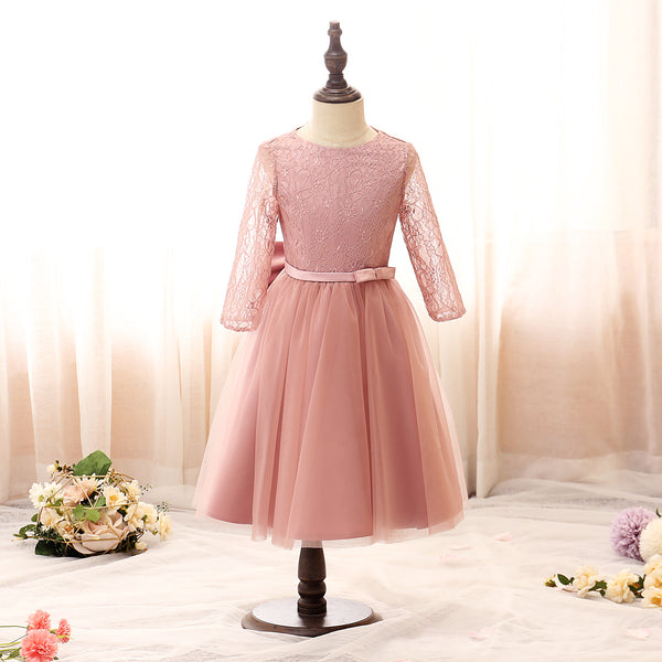 Boat Neck Long Sleeve Knee-Length Tulle/Satin/Lace Girls Birthday Dresses With Bow/Belt Girls Gidiondress