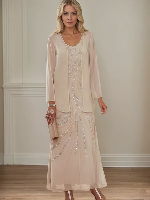 Sheath/Column V-Neck Long Sleeve Ankel-Length Chiffon/Sequins Mother of the Bride Dress With Jacket BabaMila