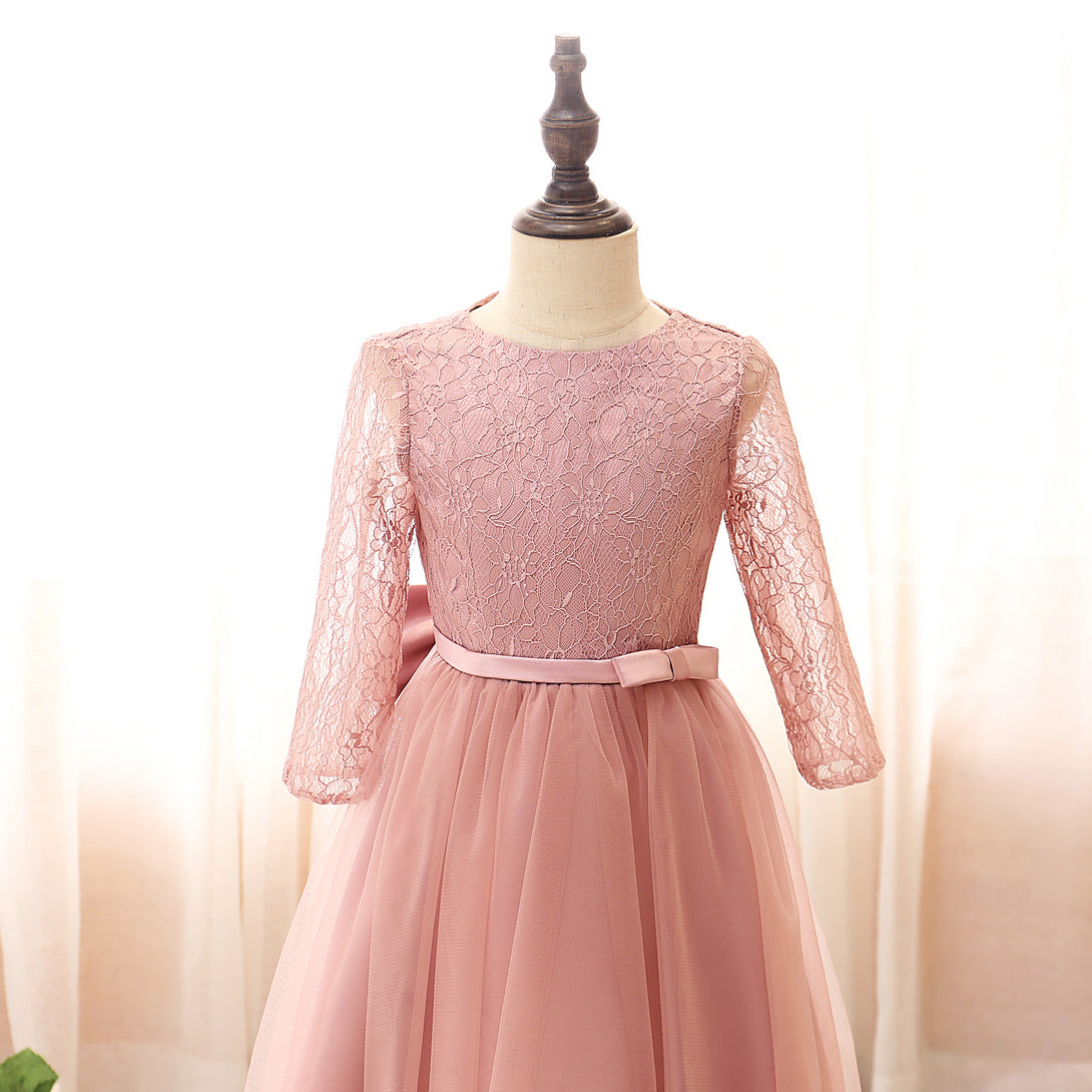 Boat Neck Long Sleeve Knee-Length Tulle/Satin/Lace Girls Birthday Dresses With Bow/Belt Girls Gidiondress