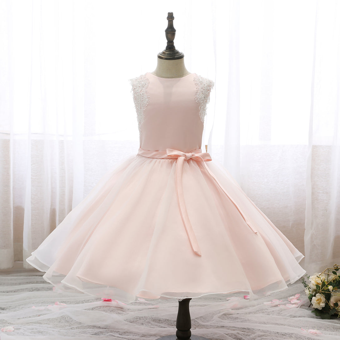 Boat Neck Sleeveless Knee-Length Lace/Satin/Tulle Girls Birthday Dresses With Appliques/Belt Girls Gidiondress
