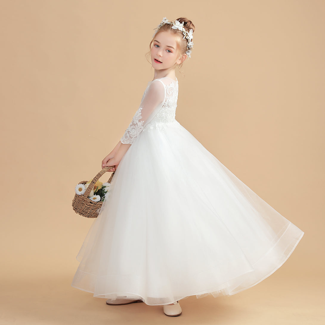 Princess 3/4 Sleeve Scoop Neck Floor-Length Tulle/Lace Flower Girl Dresses/First Communion Dress With Appliques Girls Gidiondress