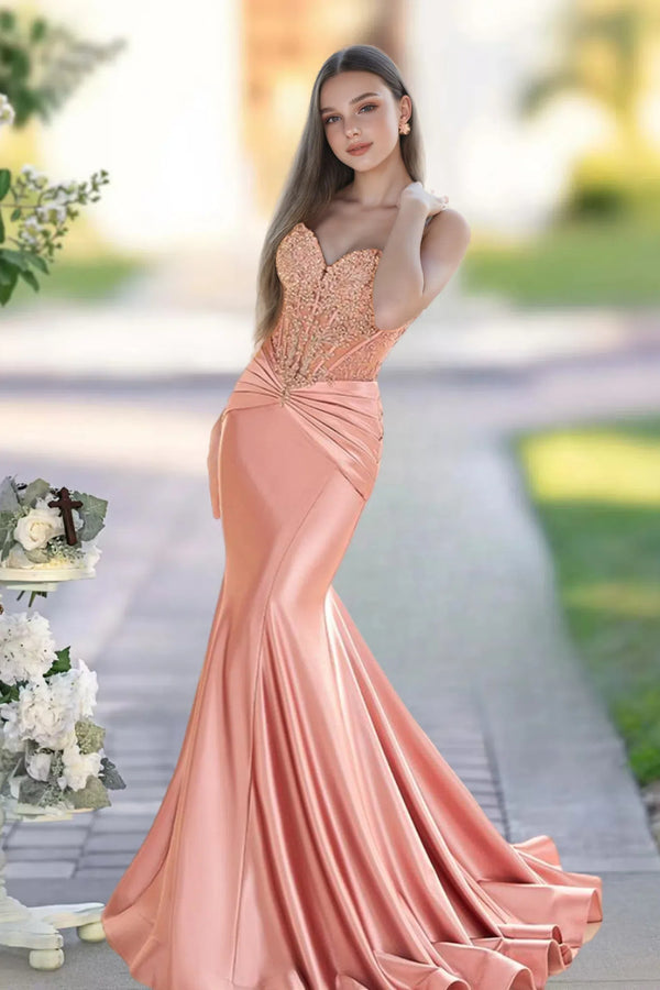 Sheath/Column Sweetheart Neck Sleeveless Sweep Train Satin Prom Dress BabaMila
