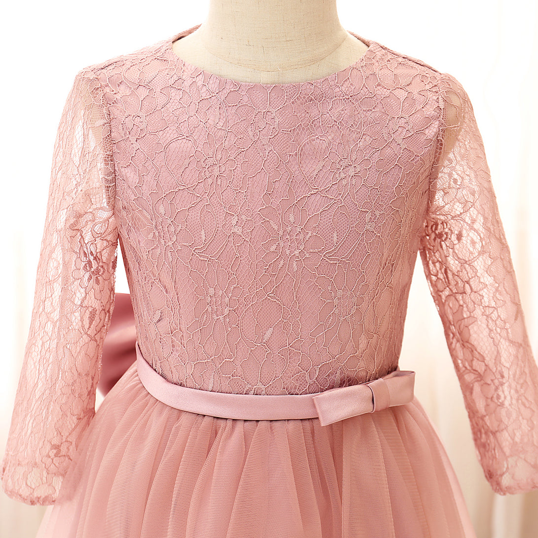 Boat Neck Long Sleeve Knee-Length Tulle/Satin/Lace Girls Birthday Dresses With Bow/Belt Girls Gidiondress