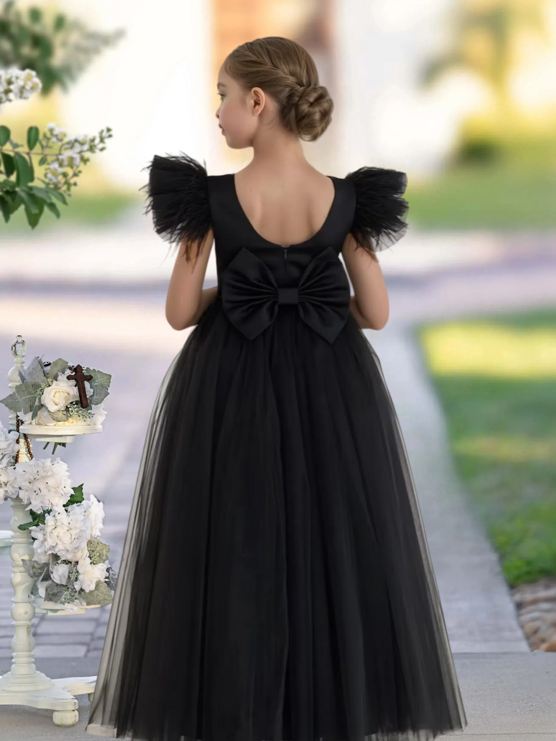 Scoop Neck Flutter Straps Classic Floor-Length Satin/Tulle Girls Birthday Dresses With Bow Gidiondress