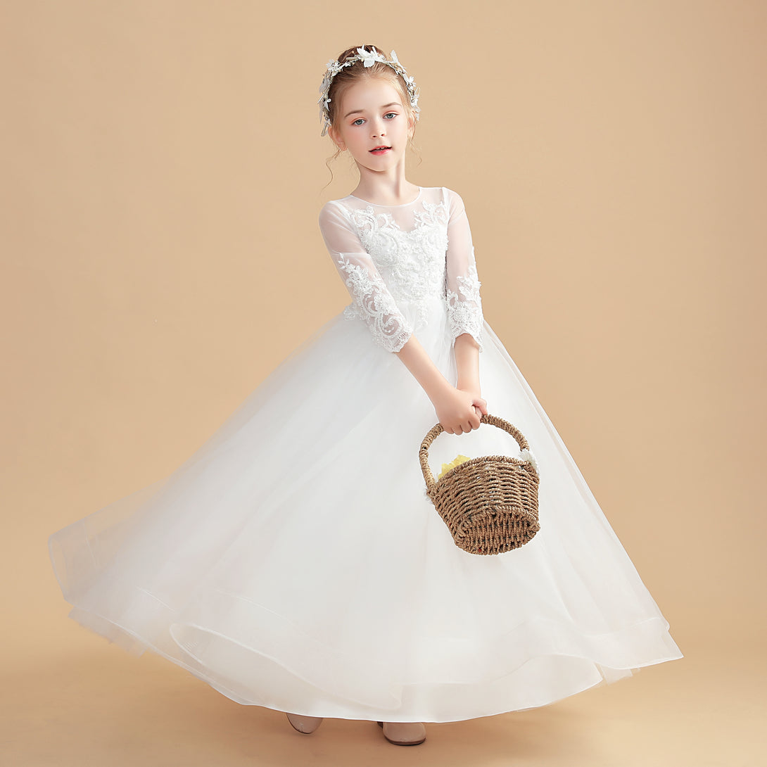 Princess 3/4 Sleeve Scoop Neck Floor-Length Tulle/Lace Flower Girl Dresses/First Communion Dress With Appliques Girls Gidiondress