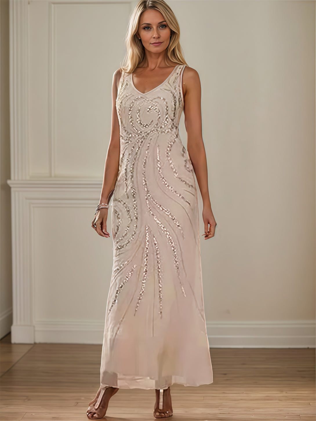 Sheath/Column V-Neck Long Sleeve Ankel-Length Chiffon/Sequins Mother of the Bride Dress With Jacket BabaMila