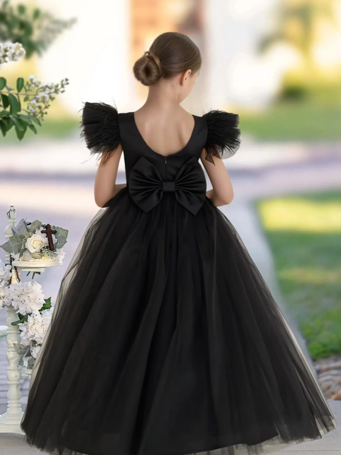 Scoop Neck Flutter Straps Classic Floor-Length Satin/Tulle Girls Birthday Dresses With Bow Gidiondress