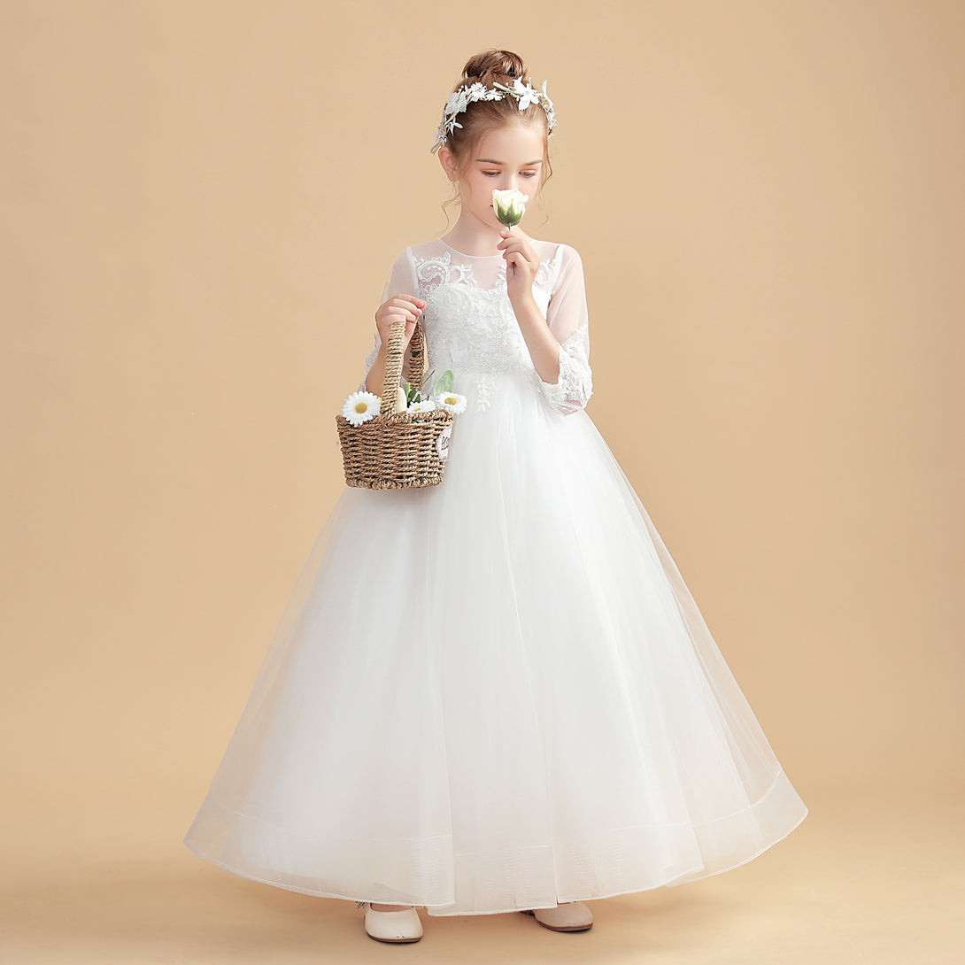 Princess 3/4 Sleeve Scoop Neck Floor-Length Tulle/Lace Flower Girl Dresses/First Communion Dress With Appliques Girls Gidiondress