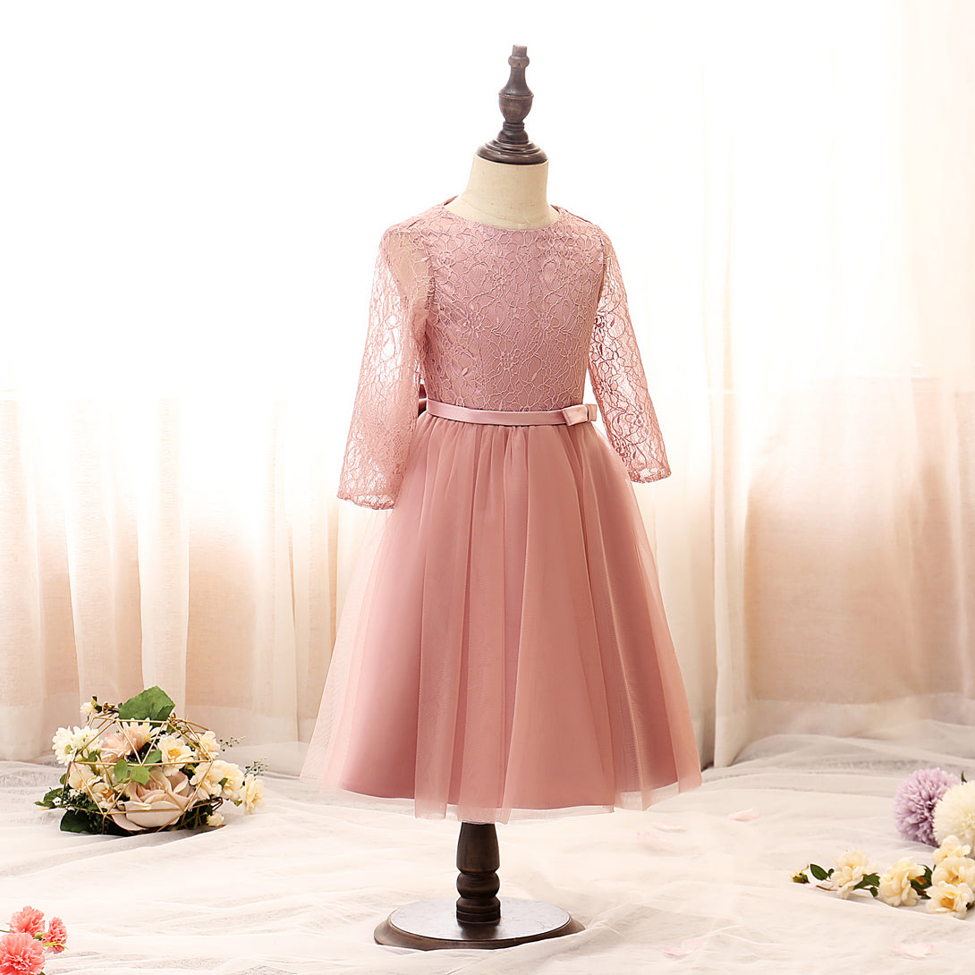 Boat Neck Long Sleeve Knee-Length Tulle/Satin/Lace Girls Birthday Dresses With Bow/Belt Girls Gidiondress