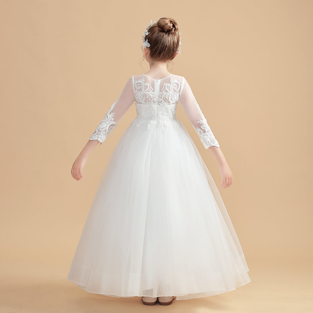 Princess 3/4 Sleeve Scoop Neck Floor-Length Tulle/Lace Flower Girl Dresses/First Communion Dress With Appliques Girls Gidiondress