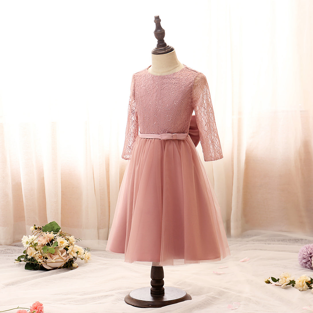 Boat Neck Long Sleeve Knee-Length Tulle/Satin/Lace Girls Birthday Dresses With Bow/Belt Girls Gidiondress