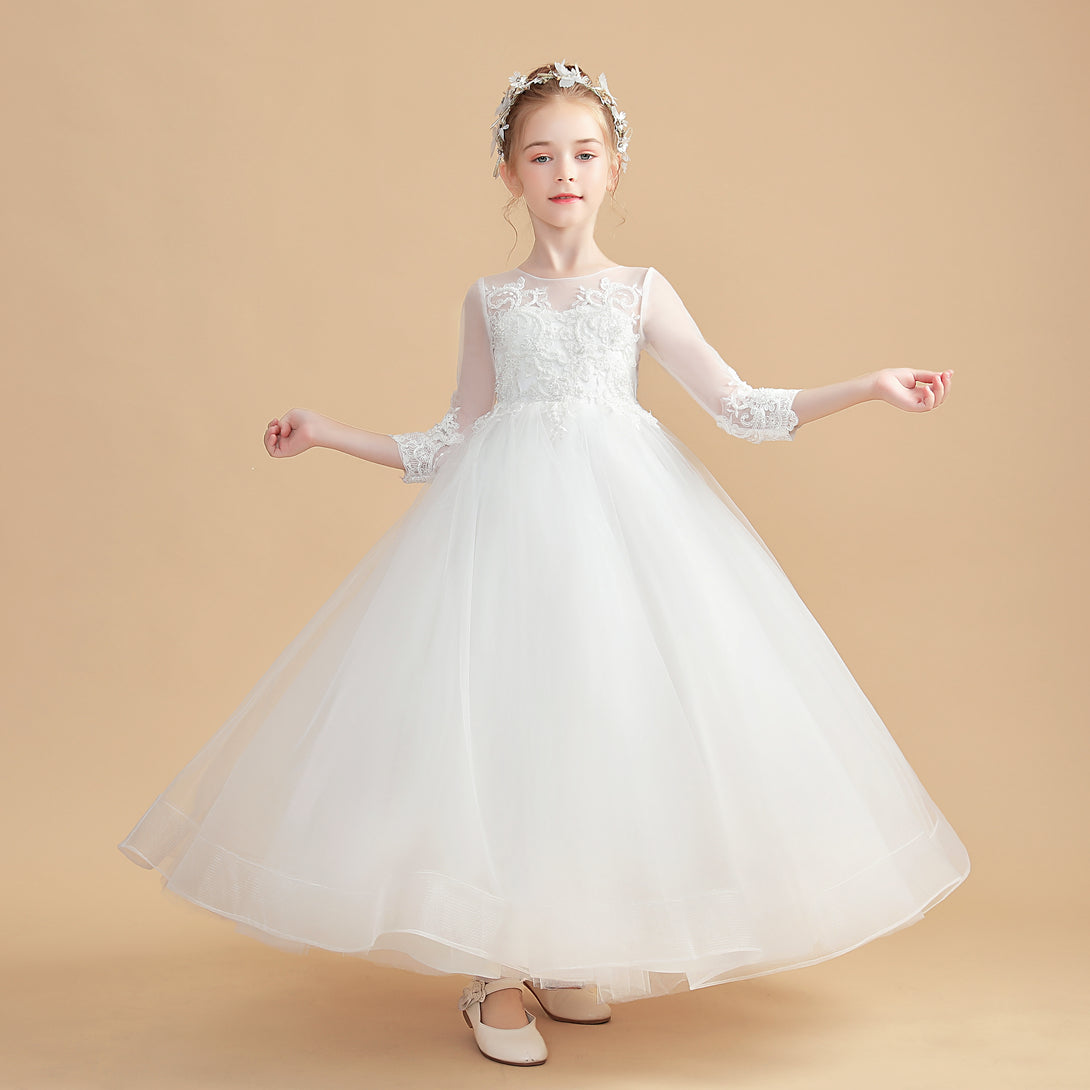 Princess 3/4 Sleeve Scoop Neck Floor-Length Tulle/Lace Flower Girl Dresses/First Communion Dress With Appliques Girls Gidiondress
