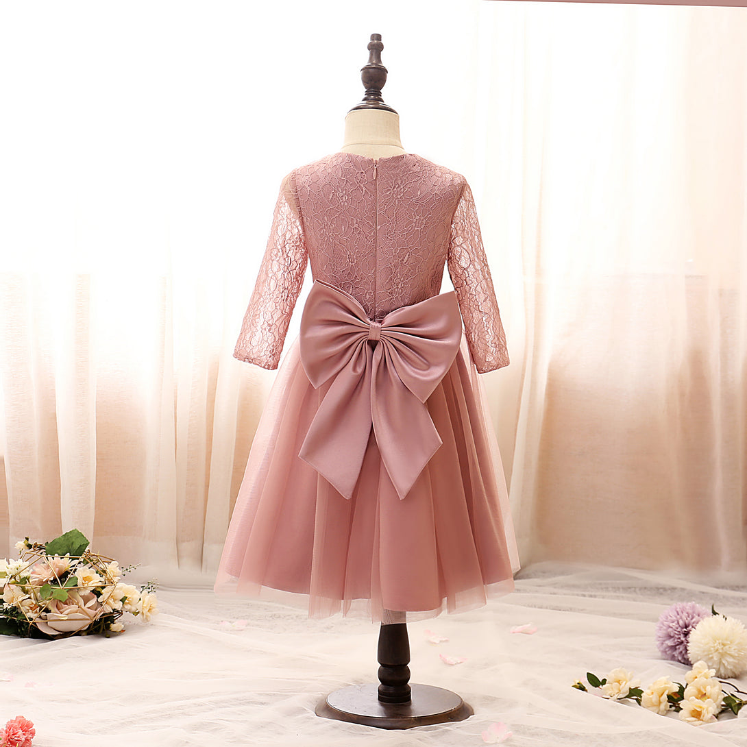Boat Neck Long Sleeve Knee-Length Tulle/Satin/Lace Girls Birthday Dresses With Bow/Belt Girls Gidiondress