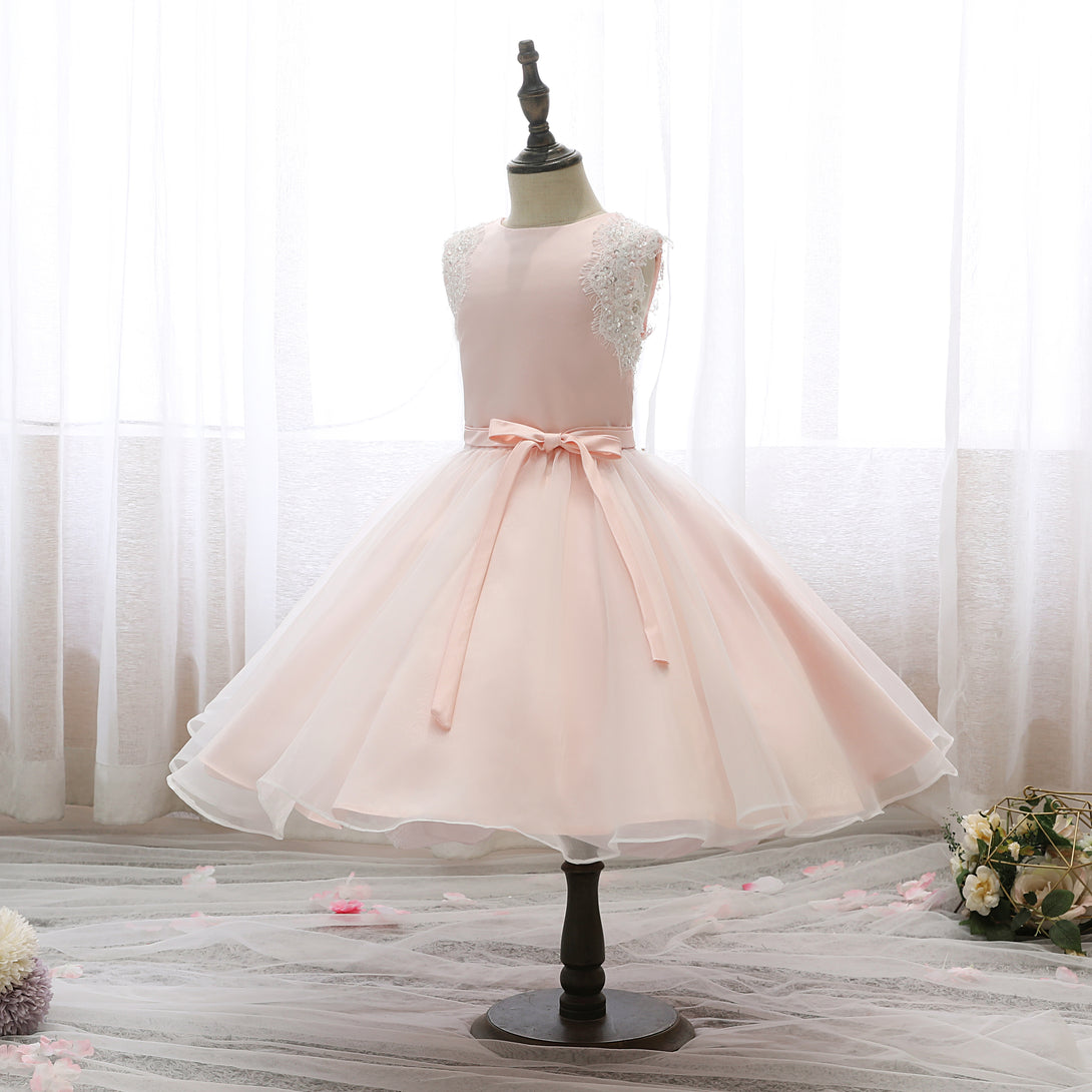 Boat Neck Sleeveless Knee-Length Lace/Satin/Tulle Girls Birthday Dresses With Appliques/Belt Girls Gidiondress