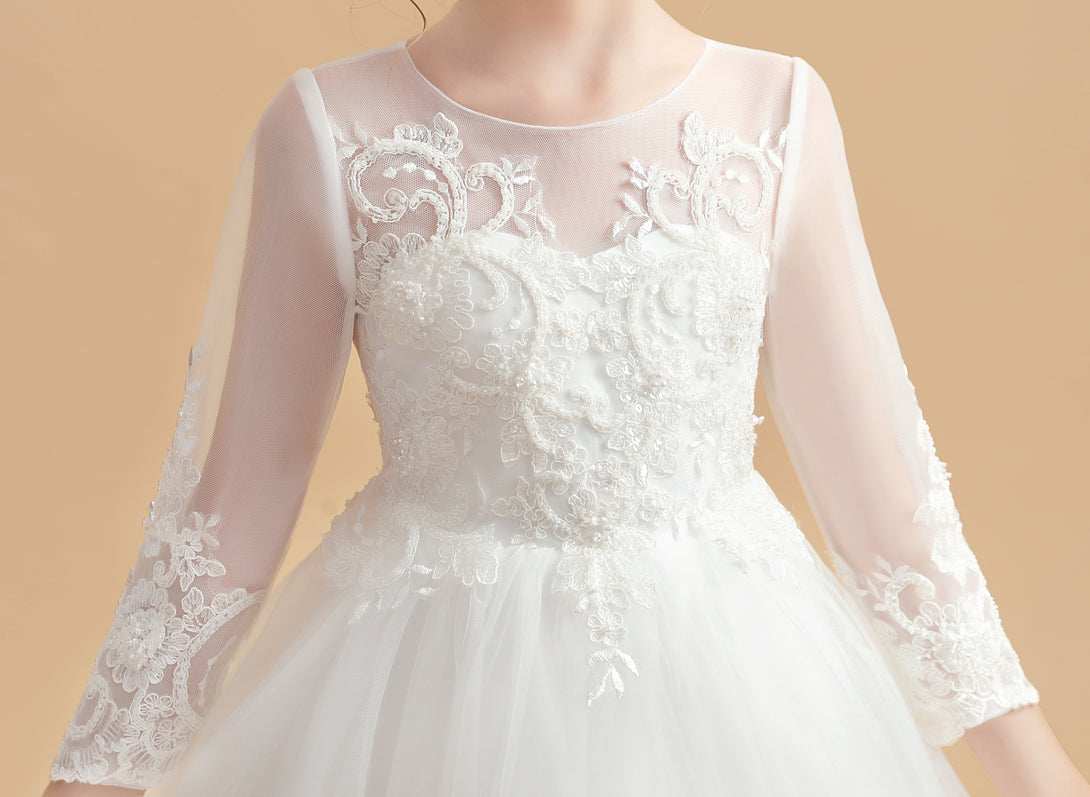 Princess 3/4 Sleeve Scoop Neck Floor-Length Tulle/Lace Flower Girl Dresses/First Communion Dress With Appliques Girls Gidiondress