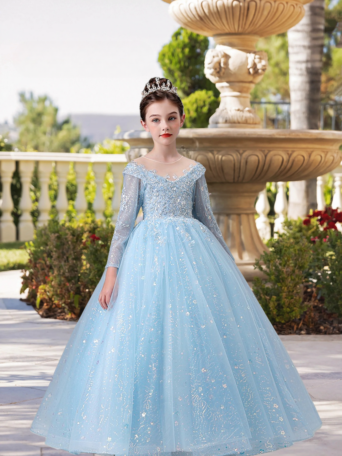 Boat Neck Long Sleeve Floor-Length Lace/Tulle/Sequins Ball Gown/Princess With Appliques Girls Gidiondress