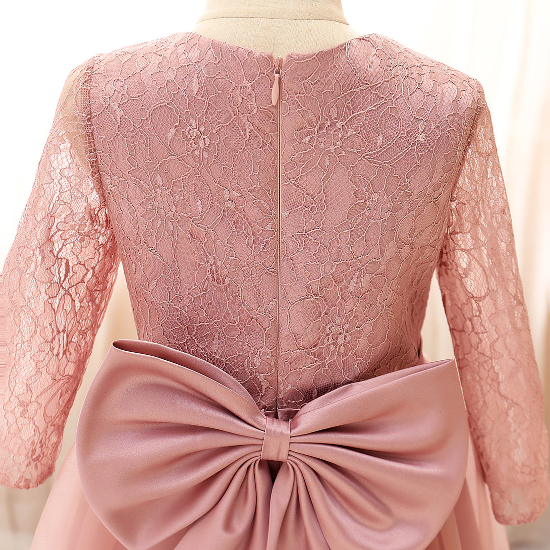 Boat Neck Long Sleeve Knee-Length Tulle/Satin/Lace Girls Birthday Dresses With Bow/Belt Girls Gidiondress