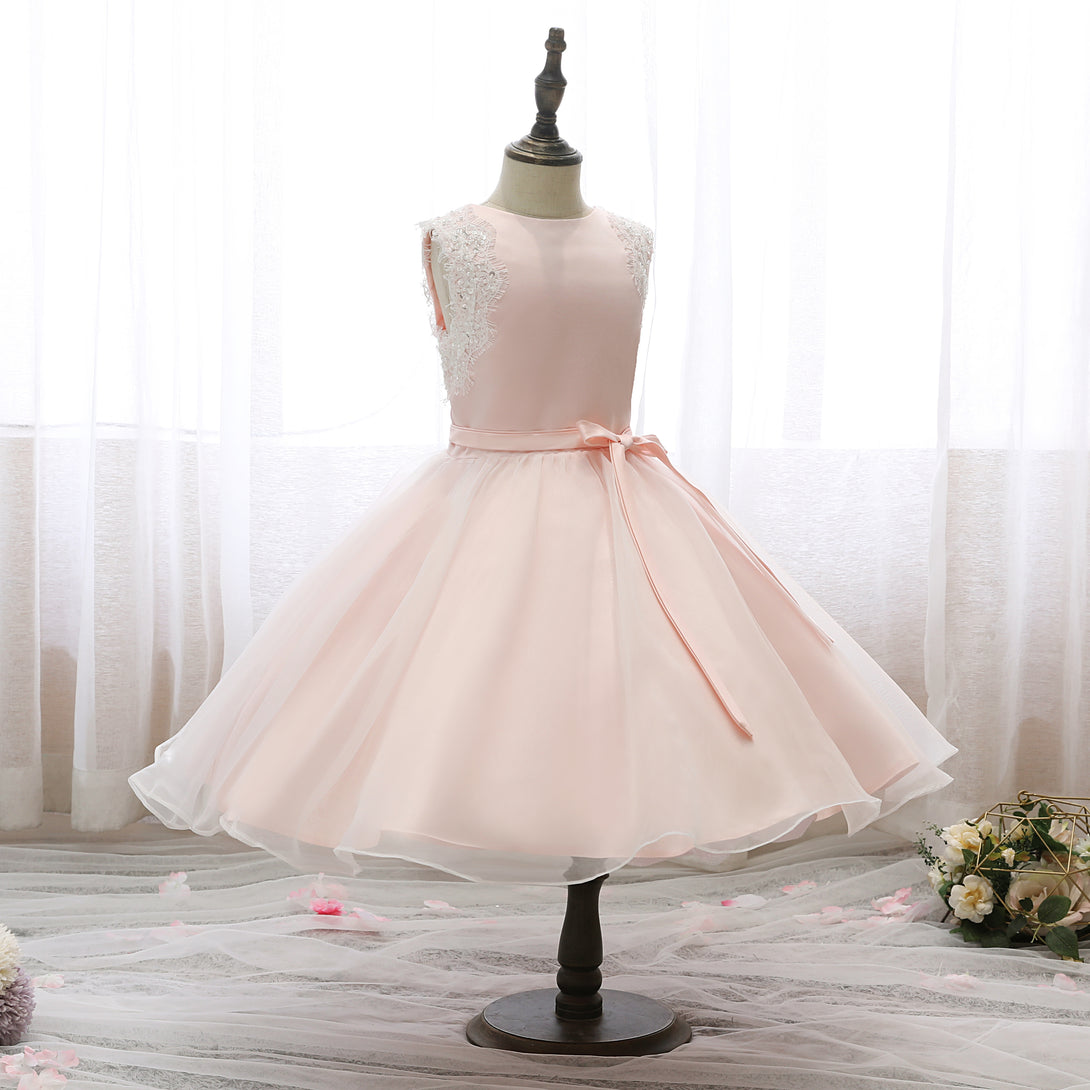 Boat Neck Sleeveless Knee-Length Lace/Satin/Tulle Girls Birthday Dresses With Appliques/Belt Girls Gidiondress