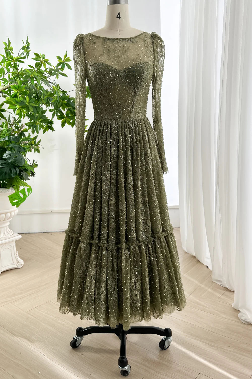 Olive Green Prom Dress Long Sleeve Sequin Lace Midi Dress Evening Party dress BabaMila