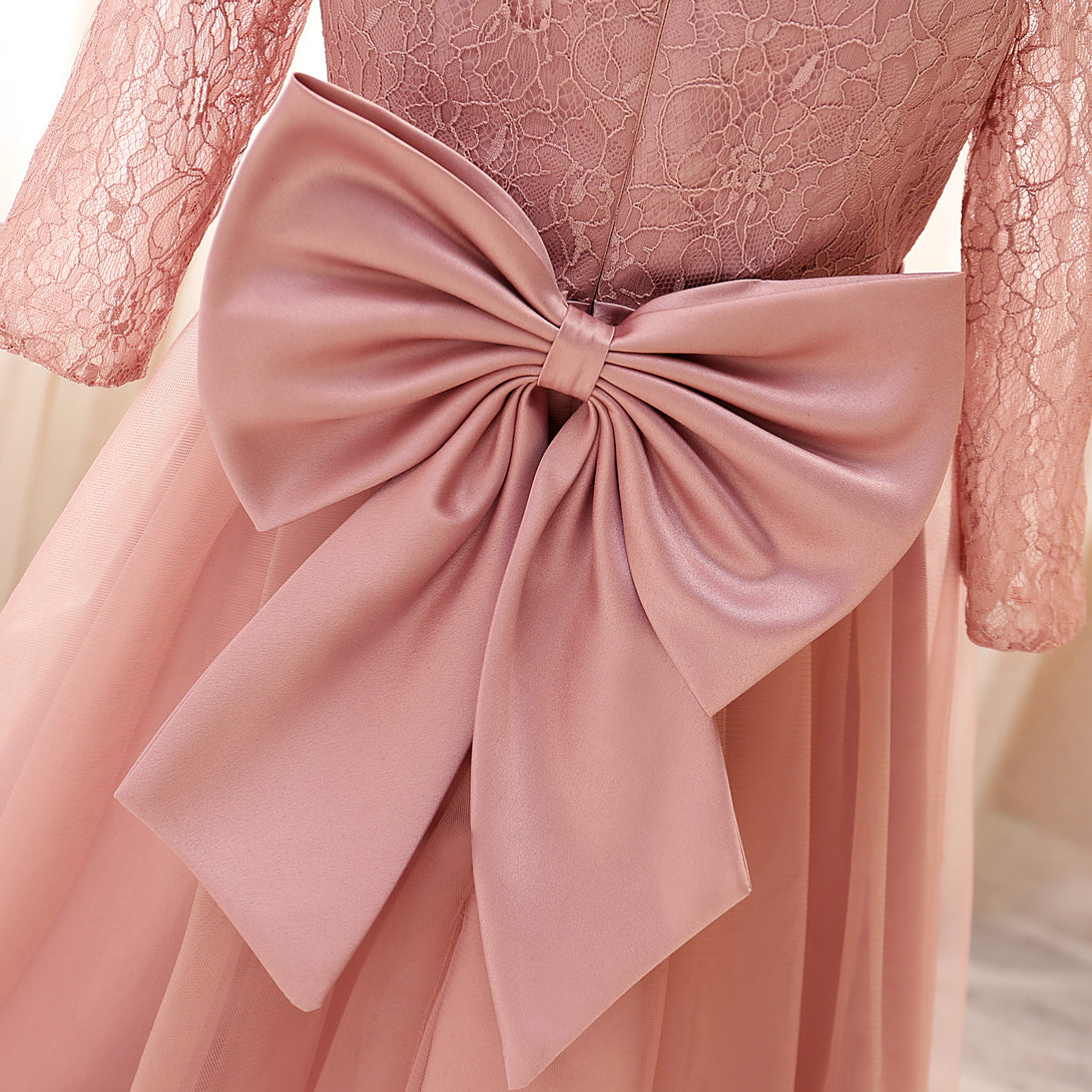 Boat Neck Long Sleeve Knee-Length Tulle/Satin/Lace Girls Birthday Dresses With Bow/Belt Girls Gidiondress