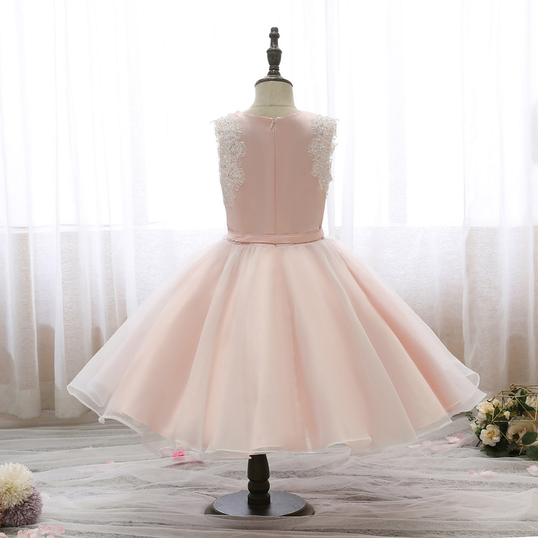 Boat Neck Sleeveless Knee-Length Lace/Satin/Tulle Girls Birthday Dresses With Appliques/Belt Girls Gidiondress